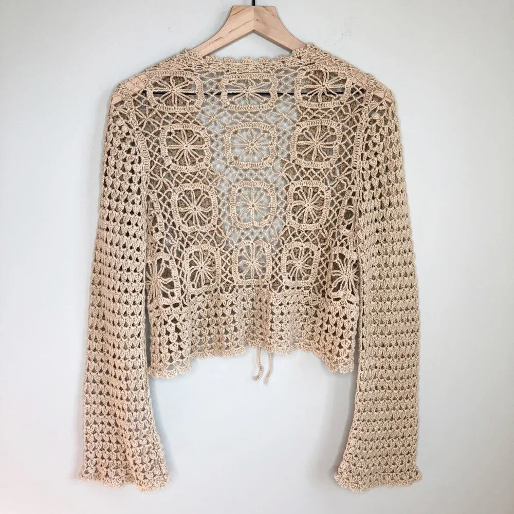 Vintage Crochet Flare Bell Sleeve Granny Square Tie Hand Knit Cardigan Shawl Top - Picture 4 of 5